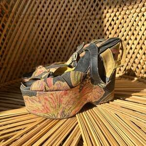 Goody Two Shoes Vintage 70s Floral Textile Wooden Platform Heels